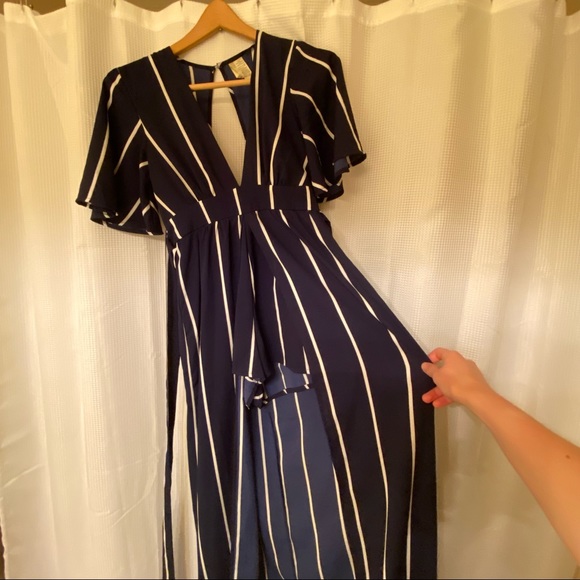 Japna Navy stripe romper jumpsuit deep plunge open back - Picture 8 of 8